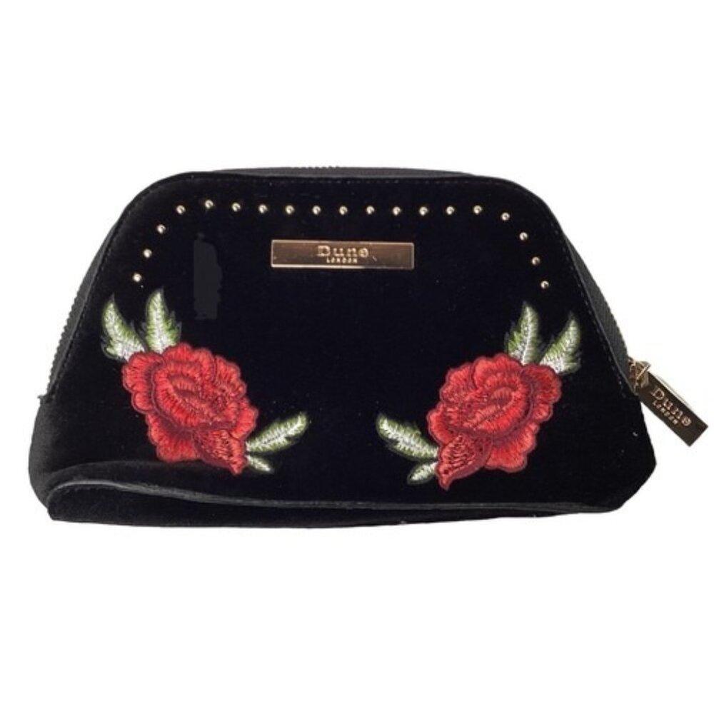 Dune London Clutch Makeup Bag Set of 2 Black Velvet Roses Vintage Gold Zipper - Picture 3 of 7